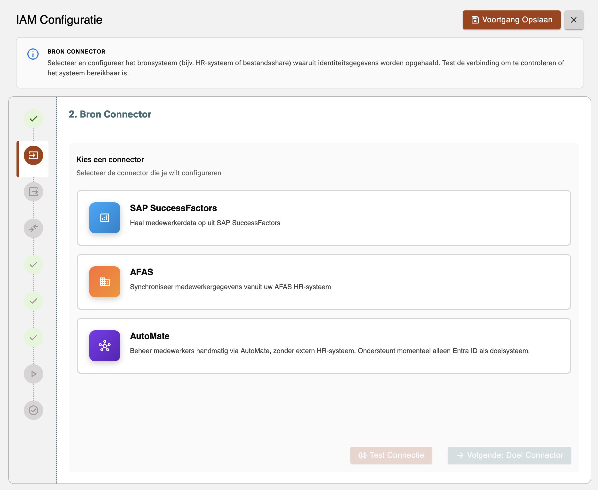 Keuze bronconnector: SAP SuccessFactors, AFAS of AutoMate